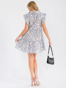 WOMEN'S RUFFLE SLEEVE V-NECK FRONT POCKETS TIERED MULTI PRINT MINI DRESS
