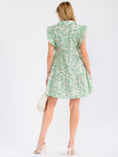 WOMEN'S RUFFLE SLEEVE V-NECK FRONT POCKETS TIERED MULTI PRINT MINI DRESS
