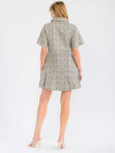 WOMEN'S SHORT SLEEVE ZIP UP FRONT POCKETS ANIMAL PRINT DENIM MINI DRESS