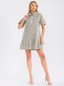 WOMEN'S SHORT SLEEVE ZIP UP FRONT POCKETS ANIMAL PRINT DENIM MINI DRESS