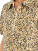 WOMEN'S SHORT SLEEVE ZIP UP FRONT POCKETS ANIMAL PRINT DENIM MINI DRESS