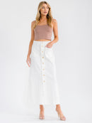 WOMEN'S BUTTON CLOSURE FRONT POCKETS PENCIL DENIM MAXI SKIRT