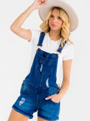 WOMEN'S SLEEVELESS WASHED DISTRESS STRETCH DENIM SHORTS OVERALL