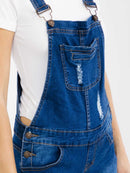 WOMEN'S SLEEVELESS POCKETS DISTRESS STRETCH DENIM SHORTS OVERALL