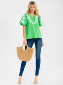 WOMEN'S SHORT PUFF SLEEVE V-NECK EMBROIDERY LEAF BLOUSE