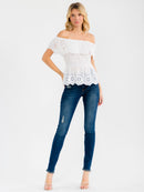 WOMEN'S OFF SHOULDER SMOCK WAIST RUFFLE TIERED EYELET TOP