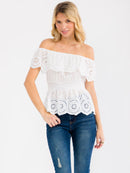 WOMEN'S OFF SHOULDER SMOCK WAIST RUFFLE TIERED EYELET TOP