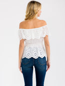 WOMEN'S OFF SHOULDER SMOCK WAIST RUFFLE TIERED EYELET TOP