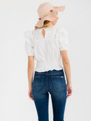WOMEN'S SHORT SLEEVE SMOCK WAIST RUFFLE TIERED EYELET TOP