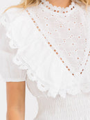 WOMEN'S SHORT SLEEVE SMOCK WAIST RUFFLE TIERED EYELET TOP