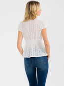 WOMEN'S SHORT SLEEVE V-NECK RUFFLE EYELET TOP