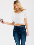 WOMEN'S SHORT SLEEVE RUFFLE TIERED EYELET TOP