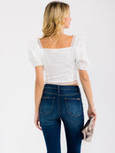 WOMEN'S SHORT SLEEVE RUFFLE TIERED EYELET TOP