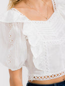 WOMEN'S SHORT SLEEVE RUFFLE TIERED EYELET TOP