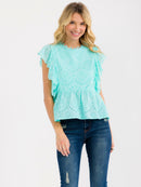 WOMEN'S RUFFLE SLEEVE TIERED EYELET TOP