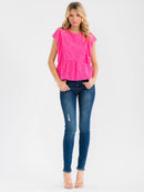 WOMEN'S RUFFLE SLEEVE TIERED EYELET TOP