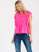 WOMEN'S RUFFLE SLEEVE TIERED EYELET TOP
