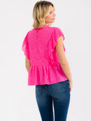 WOMEN'S RUFFLE SLEEVE TIERED EYELET TOP