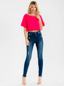WOMEN'S SHORT SLEEVE STUDS NECK TRIM BACK BUTTON UP LINEN BLOUSE