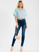 WOMEN'S SHORT SLEEVE STUDS NECK TRIM BACK BUTTON UP LINEN BLOUSE