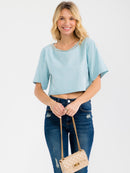 WOMEN'S SHORT SLEEVE STUDS NECK TRIM BACK BUTTON UP LINEN BLOUSE