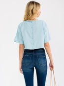 WOMEN'S SHORT SLEEVE STUDS NECK TRIM BACK BUTTON UP LINEN BLOUSE