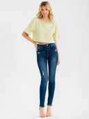 WOMEN'S SHORT SLEEVE STUDS NECK TRIM BACK BUTTON UP LINEN BLOUSE