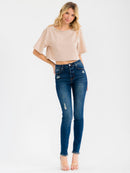 WOMEN'S SHORT SLEEVE STUDS NECK TRIM BACK BUTTON UP LINEN BLOUSE