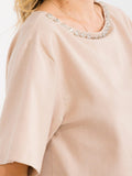 WOMEN'S SHORT SLEEVE STUDS NECK TRIM BACK BUTTON UP LINEN BLOUSE