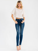 WOMEN'S SHORT SLEEVE STUDS NECK TRIM BACK BUTTON UP LINEN BLOUSE