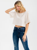 WOMEN'S SHORT SLEEVE STUDS NECK TRIM BACK BUTTON UP LINEN BLOUSE