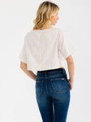 WOMEN'S SHORT SLEEVE STUDS NECK TRIM BACK BUTTON UP LINEN BLOUSE