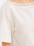 WOMEN'S SHORT SLEEVE STUDS NECK TRIM BACK BUTTON UP LINEN BLOUSE