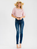 WOMEN'S SHORT SLEEVE STUDS NECK TRIM BACK BUTTON UP LINEN BLOUSE