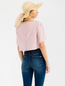 WOMEN'S SHORT SLEEVE STUDS NECK TRIM BACK BUTTON UP LINEN BLOUSE