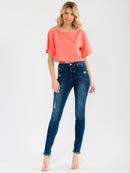 WOMEN'S SHORT SLEEVE STUDS NECK TRIM BACK BUTTON UP LINEN BLOUSE