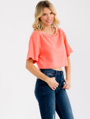 WOMEN'S SHORT SLEEVE STUDS NECK TRIM BACK BUTTON UP LINEN BLOUSE