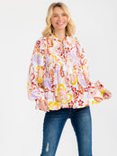 WOMEN'S LONG SLEEVE BUTTON UP FLORAL PRINT TUNIC BLOUSE