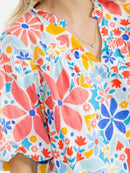 WOMEN'S SHORT PUFF SLEEVE V-NECK FLORAL PRINT BLOUSE