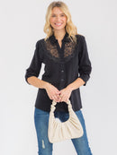WOMEN'S 3/4 SLEEVE BUTTON UP LACE EMBROIDERY LINEN BLOUSE