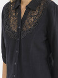 WOMEN'S 3/4 SLEEVE BUTTON UP LACE EMBROIDERY LINEN BLOUSE