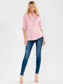 WOMEN'S 3/4 SLEEVE BUTTON UP LACE EMBROIDERY LINEN BLOUSE