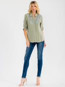 WOMEN'S 3/4 SLEEVE BUTTON UP LACE EMBROIDERY LINEN BLOUSE