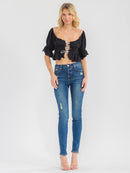 WOMEN'S SHORT SLEEVE LACE UP FRONT ELASTIC WAIST CROP TOP