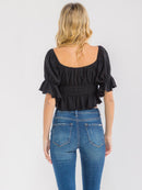 WOMEN'S SHORT SLEEVE LACE UP FRONT ELASTIC WAIST CROP TOP