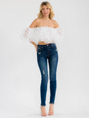WOMEN'S SHORT SLEEVE OFF SHOULDER FLORAL LACE CROP TOP