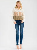 WOMEN'S LONG SLEEVE BUTTON UP TIERED COLORBLOCK BLOUSE
