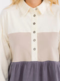 WOMEN'S LONG SLEEVE BUTTON UP TIERED COLORBLOCK BLOUSE