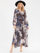 WOMEN'S LONG BELL SLEEVE SELF TIE HIGH-LOW FLORAL WRAP MAXI DRESS