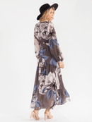 WOMEN'S LONG BELL SLEEVE SELF TIE HIGH-LOW FLORAL WRAP MAXI DRESS